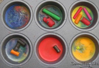 muffin tin of melted crayons