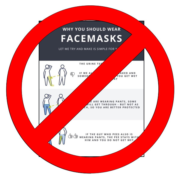image of covid-19 mask bad analogy - red circle slash over the infographic that is the urine test for wearing facemask to prevent coronavirus spread