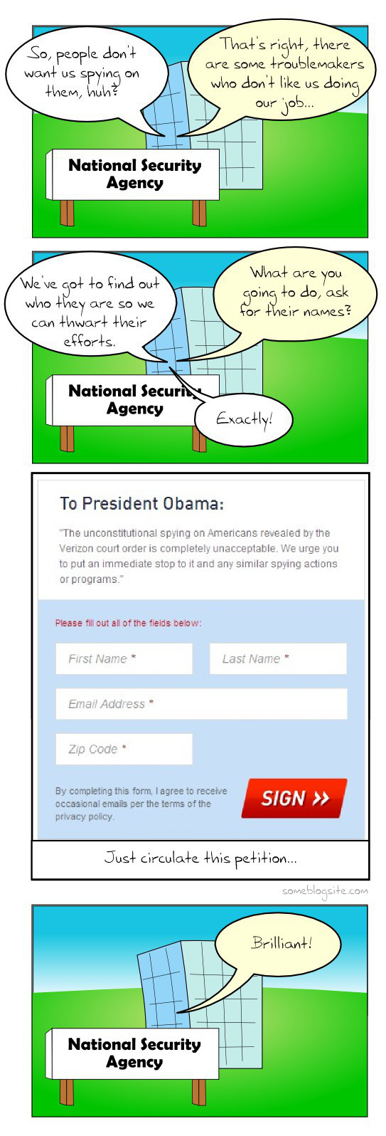 comic about how the NSA is secretly starting a 'stop spying' petition to gather names of people opposed to surveillance