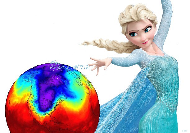 image of Elsa, from Disney's Frozen, causing the polar vortex of 2014