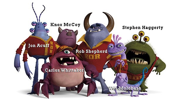 picture of Roar Omega Roar from Monsters University but with member of Team Rob's names