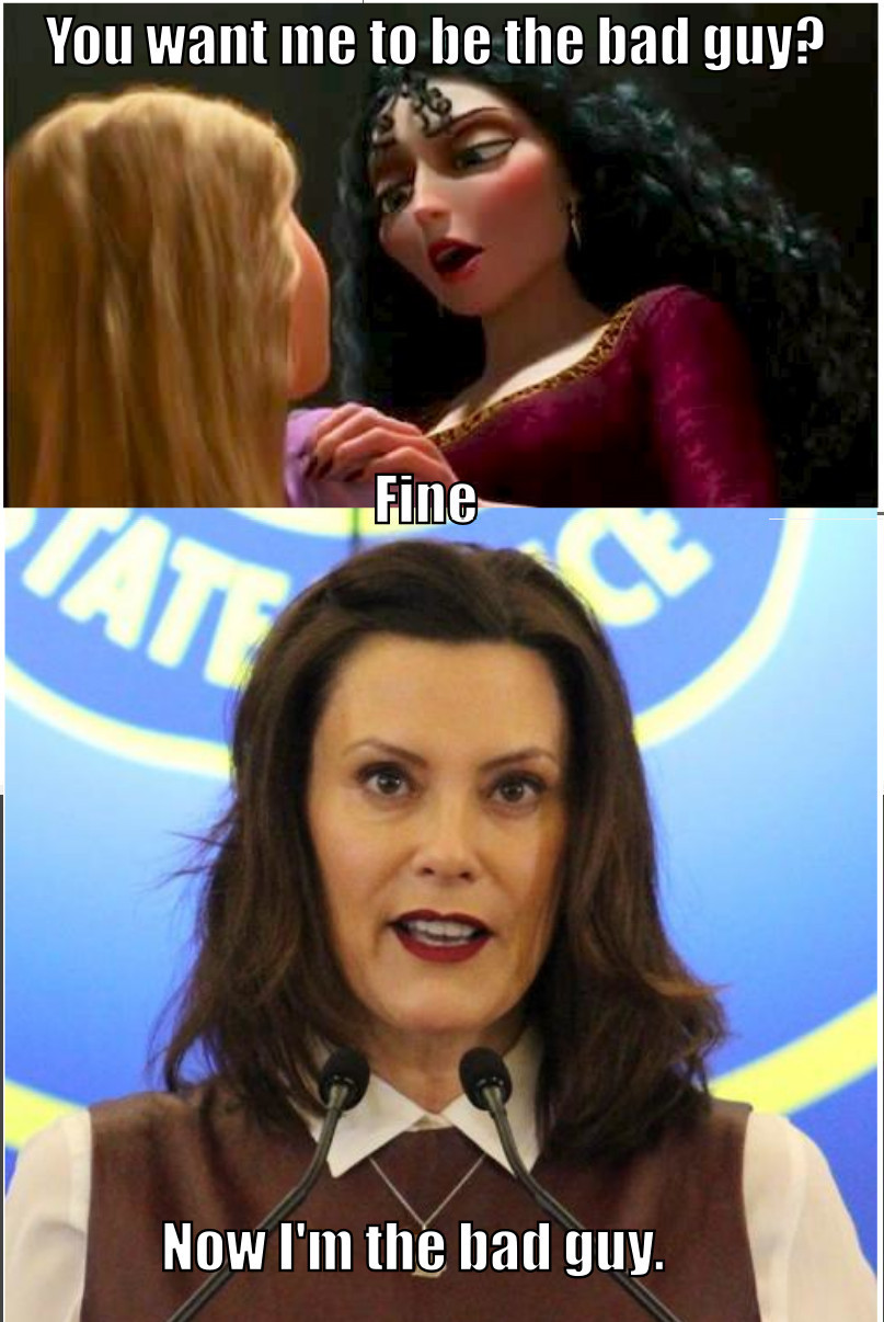 image of Mother Gothel and Gretchen Whitmer, saying she is the bad guy