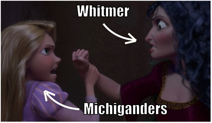 image of Rapunzel and Mother Gothel fighting, captioned as Gretchen Whitmer and Michiganders