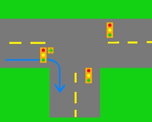 diagram of a T-intersection showing that the right-turn lanes should never have a red light, only green arrow always