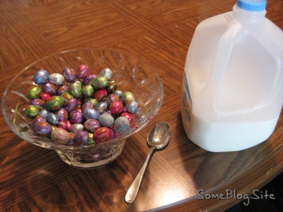 Easter breakfast of a bowl of chocolate with milk