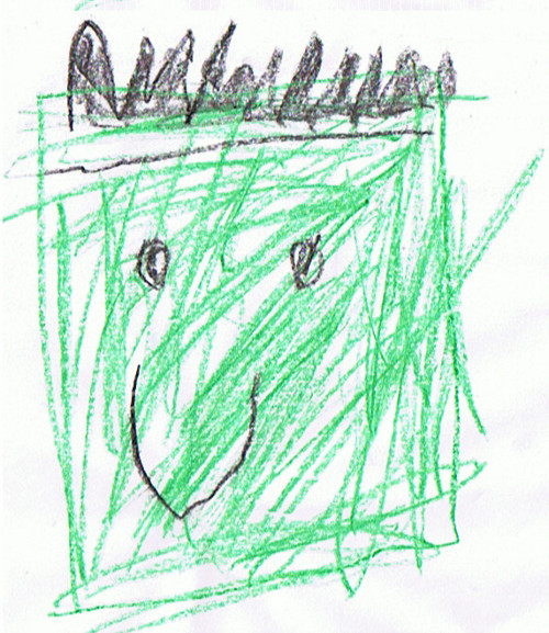 child's crayon drawing of a happy frankenstein