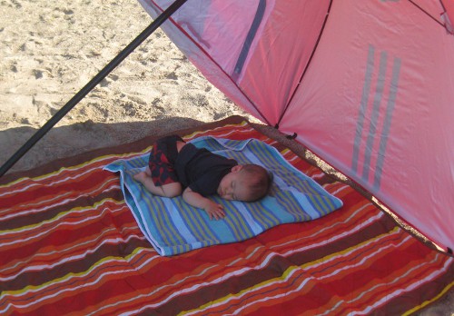 sleeping baby under an umbrella at the beach