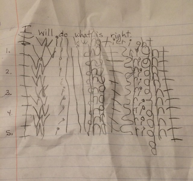 image of paper on which a child has written I will do what is right