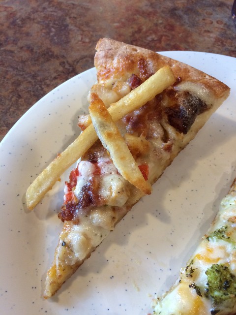 image of cheeseburger pizza with fries