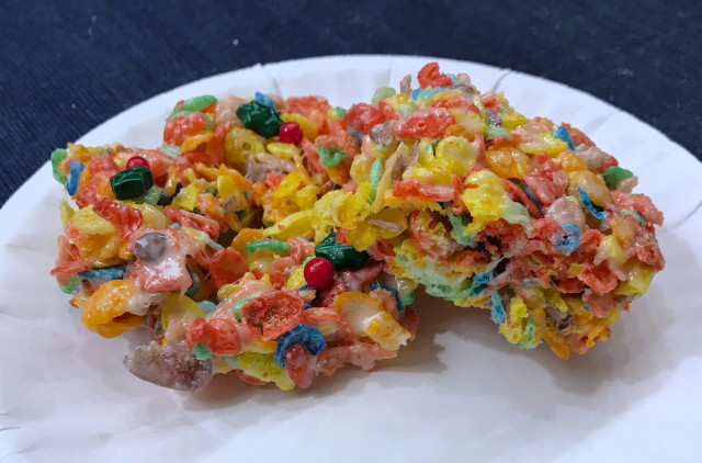 image of Christmas cookies called rice krispie (or crispy) treats, but with Fruity Pebbles