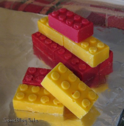 Picture of chocolate in the shapes of a Lego bricks