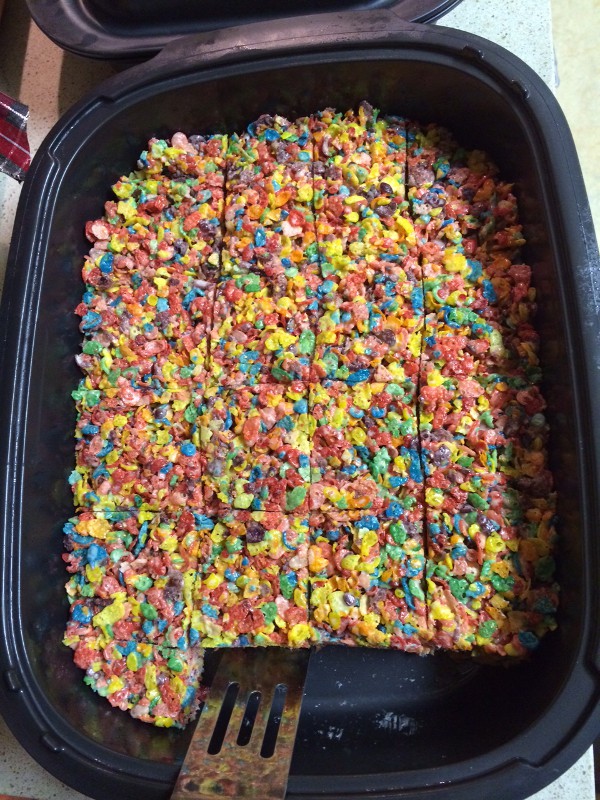 image of rice krispy treats made with fruity pebbles instead of rice cripies, aka rainbow treats or fruity treats