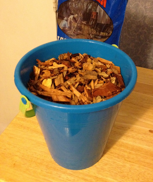bucket of soaking hickory chips