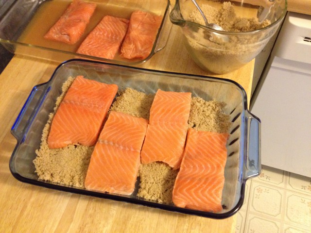 salmon on a bed of salt in a 9x13 pan