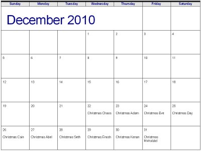 calendar page for December 2010 showing Christmas Adam