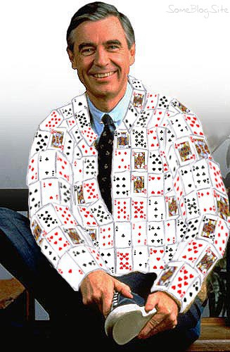 Mr. Rogers wearing a playing card-igan sweater