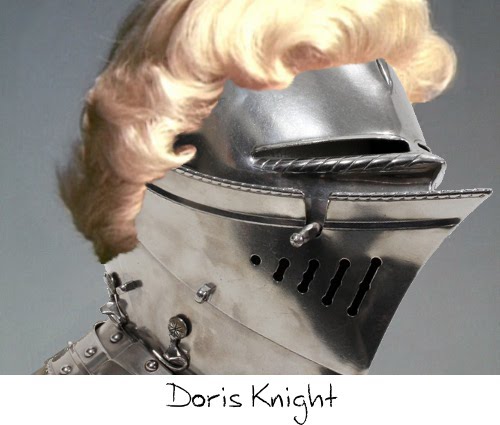 photo of Doris Day with a helmet from a suit of armor, making her Doris Knight