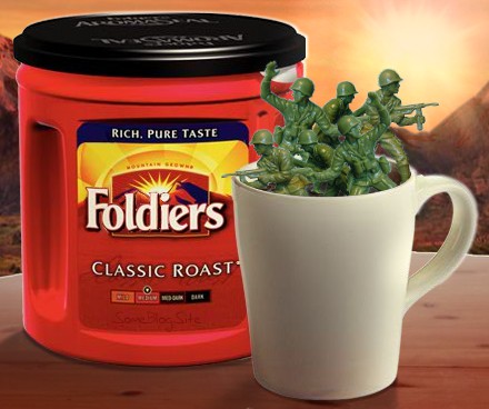 picture of plastic green army men soldiers in a cup of Folgers coffee spelled as Foldiers