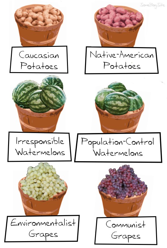 comic of a fruit stand with politically-correct labels instead of normal names