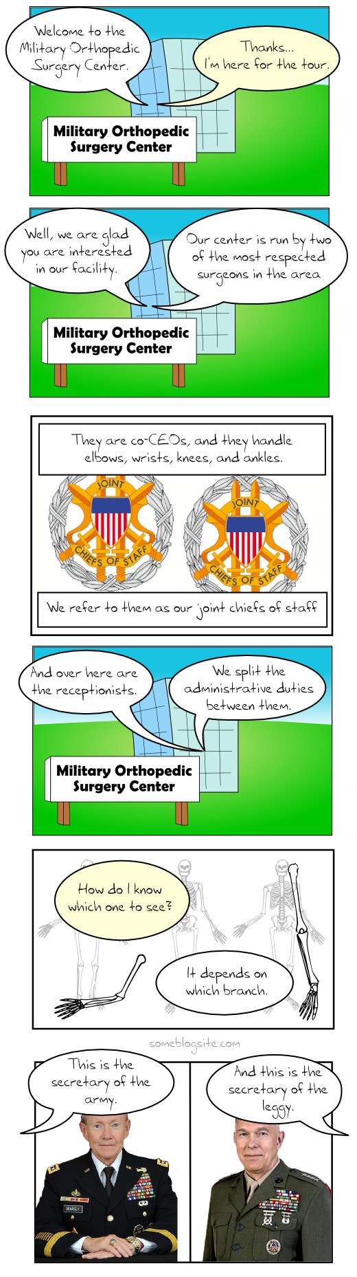 comic about joint chiefs of staff running an orthopedic medical center with the secretaries of the army and leggy