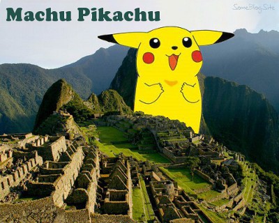 picture of a giant Pikachu at Machu Picchu