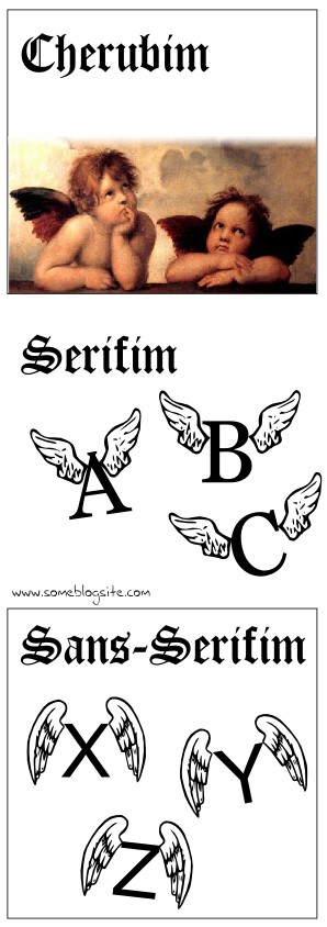 comic of cherubim and seraphim using a serif font with angel wings