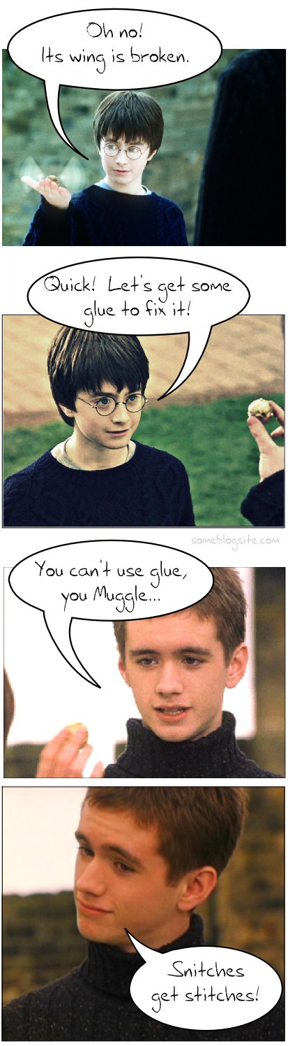 comic about Harry Potter and Quidditch and snitches get stitches instead of glue