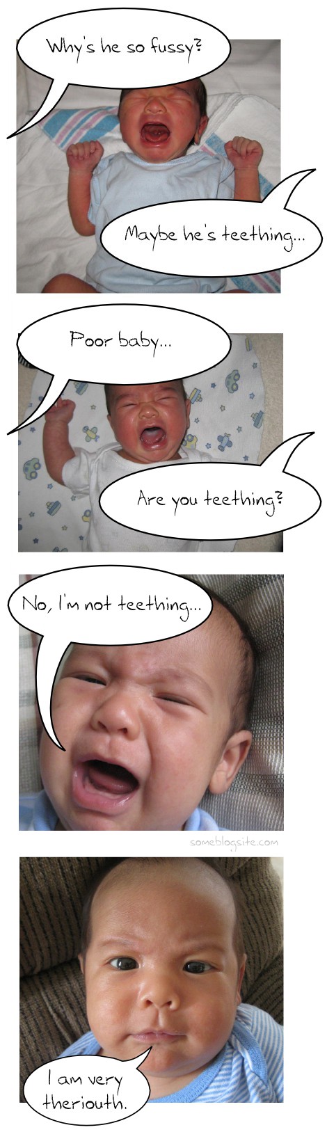 comic about a child who is not teething but is rather serious instead