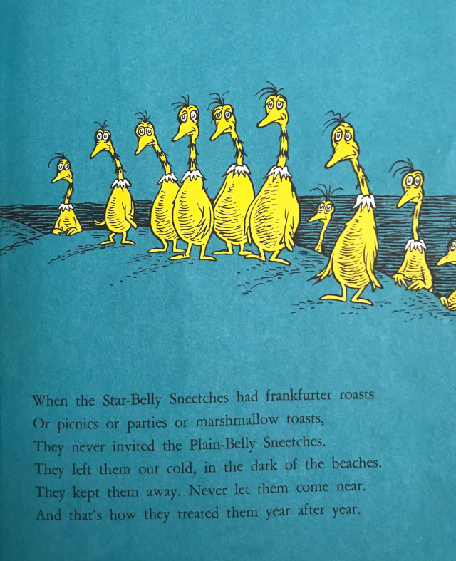 image of star-bellied sneetches not letting plain-bellied sneetches to their bonfire and marshmallow roast