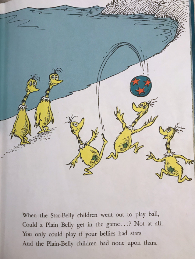 image of star-bellied sneetches not letting plain-bellied sneetches play ball 