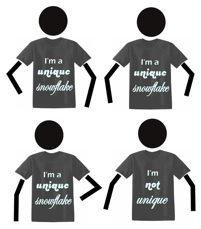 stick figures wearing t-shirts that say i'm a unique snowflake, plus one person that says I'm not unique