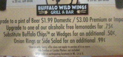 picture of part of the Buffalo Wild Wings lunch menu