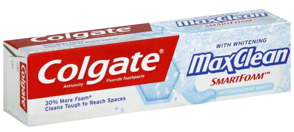 Colgate toothpaste tube with Smartfoam that cleans tough to reach spaces