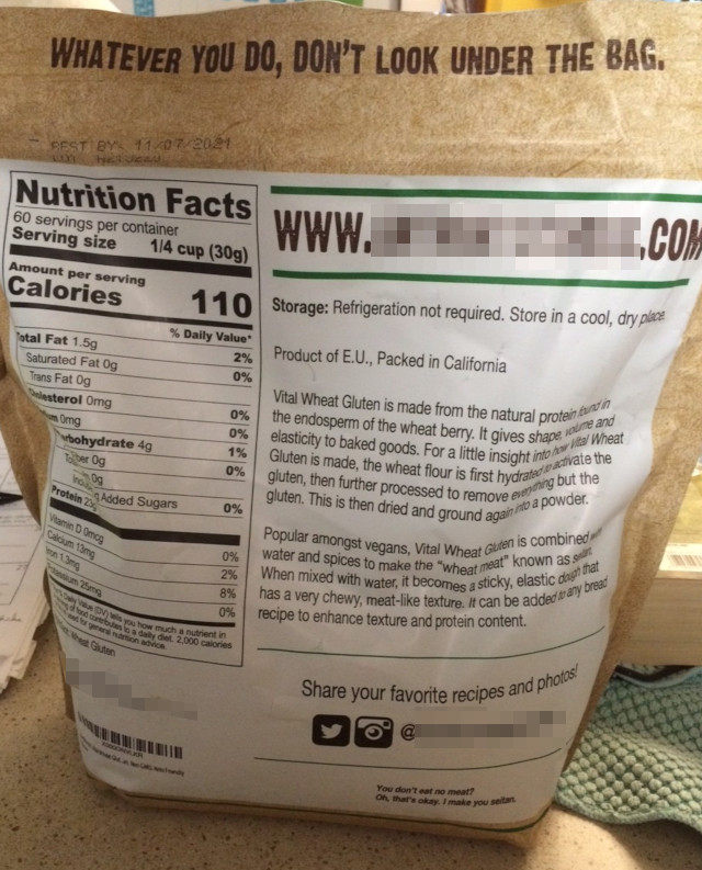 image of a bag of gluten saying not to look under the bag