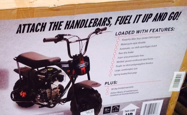 image of moto mini bike box that says to just add handlebars and gas