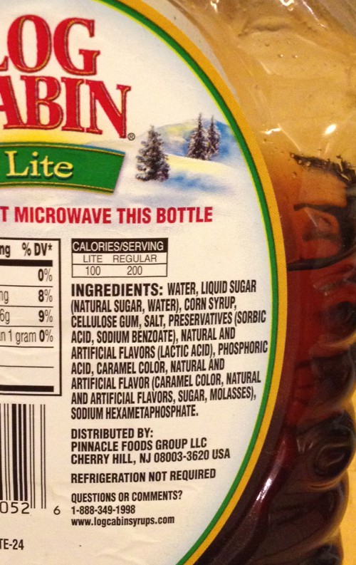 image of the ingredients of a bottle of Log Cabin syrup, containing plain corn syrup