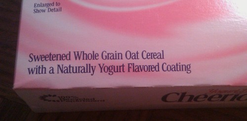 Text from a yogurt Cheerios box that describes it as a naturally yogurt flavored coating