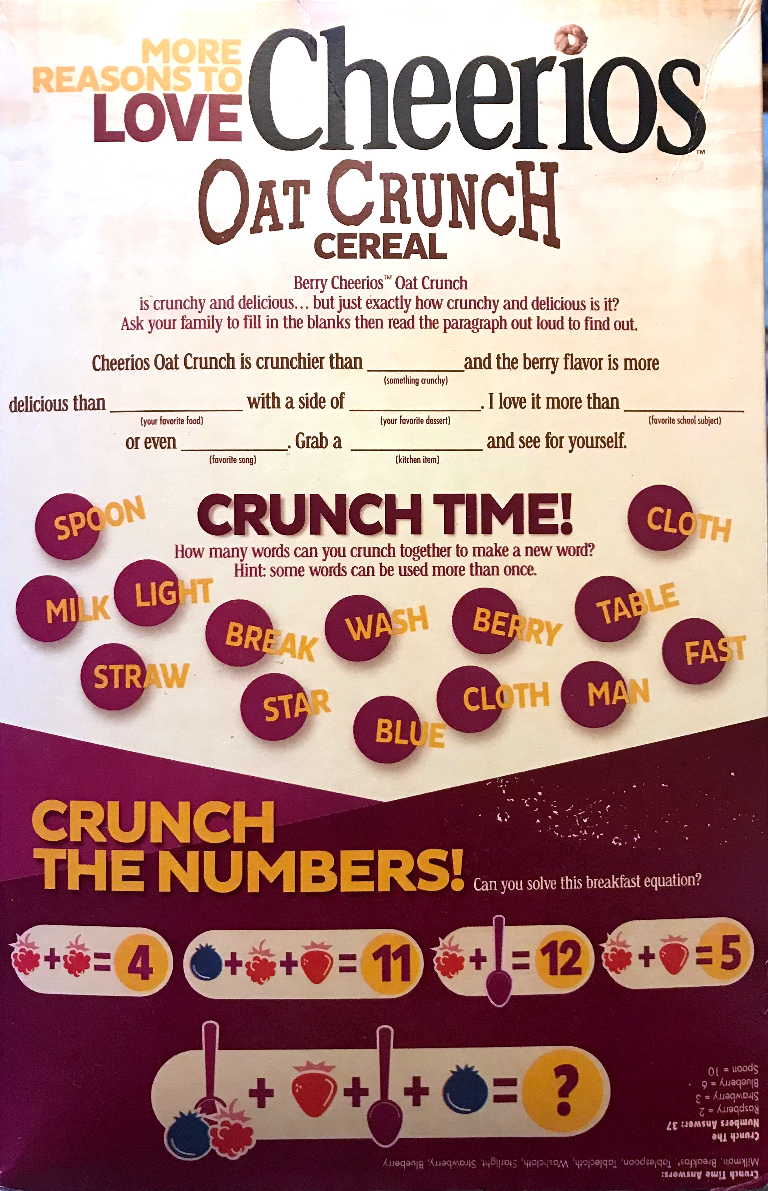 image of the back of a Cheerios box with activities