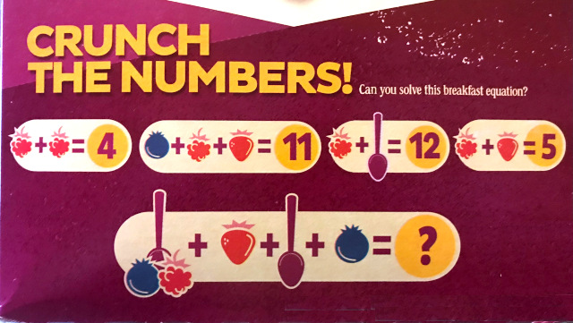 image of the crunch the numbers challenge on the back of the cereal box