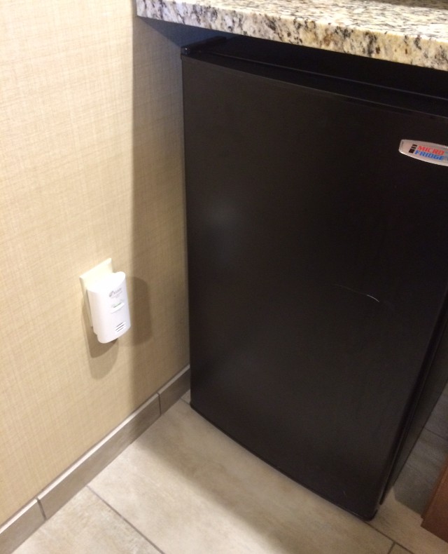 image of mini refrigerator setup in hotel room