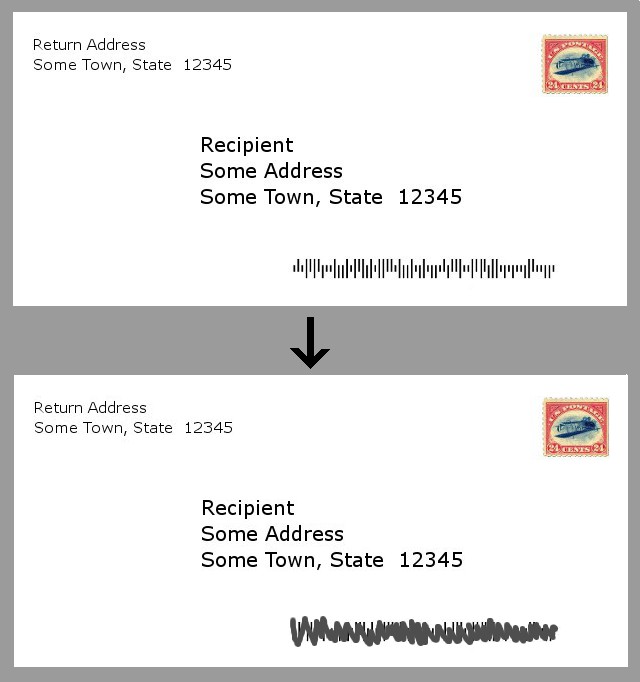 image of a letter with the bar code scribbled over or invalidated so that the wrong address won't keep being used