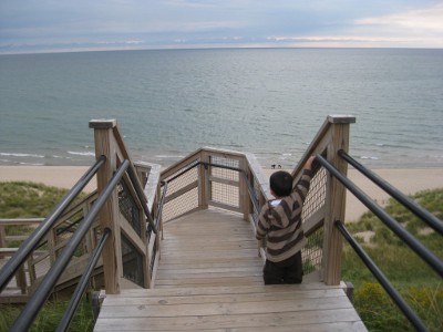 stairs going down to a beach on Lake Michigan
