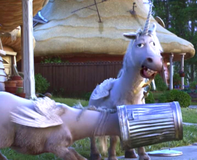 image of unicorns rummaging through garbage cans in the movie Onward