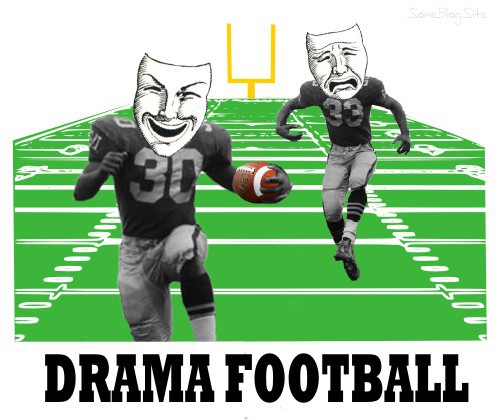 image of drama football - actors and masks and the skull from Hamlet on a football field