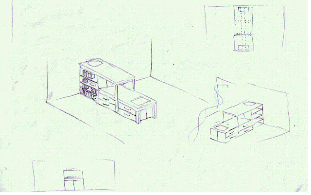sketch or drawing of a bedroom design with the offset bunk beds with cominbed drawers