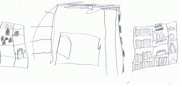 sketch or drawing of a bedroom design with a slide and climbing net on the bed