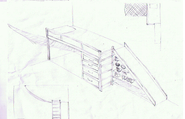 sketch or drawing of a bedroom design with a slide and climbing net on the bed