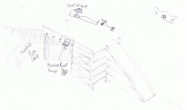 sketch or drawing of a bedroom design with a slide and climbing net on the bed