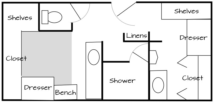 image of a floor plan for a his-and-hers master bathroom with walk-in closets