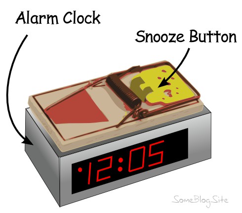 drawing of an alarm clock with a mouse trap for a snooze button